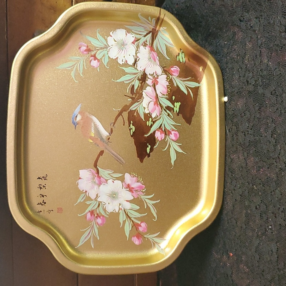 VINTAGE ENGLISH ELITE GOLD BIRD FLOWER TREE TRAY 7.5”W D